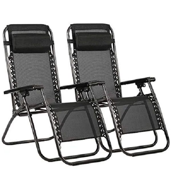 Foldable Reclining Zero Gravity Lounge Chairs w/ Headrest Deck Set of 2
