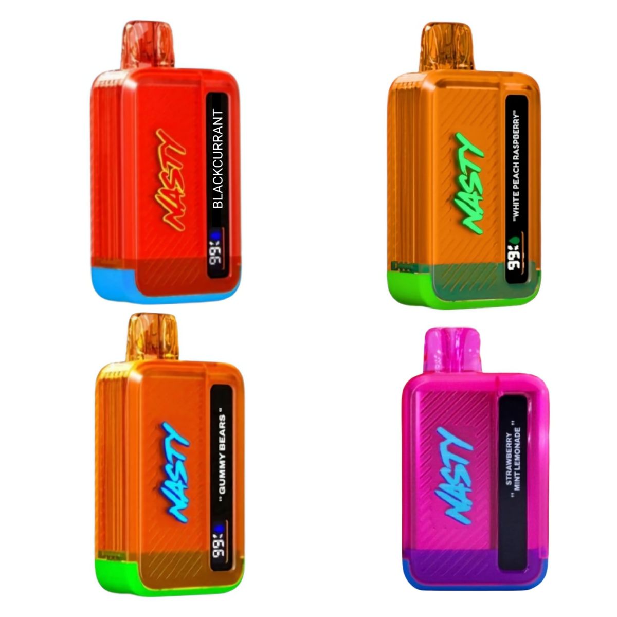 Nasty 9k blackcurrant. W.peach raspberry. Gummy bear. S.m lemonade