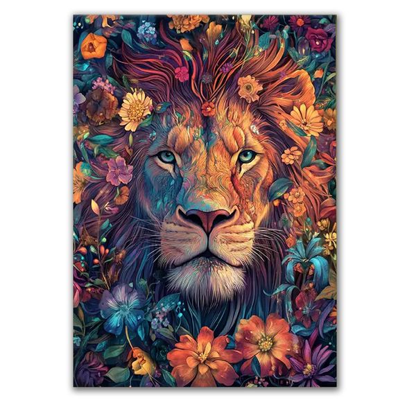 5D Full Drill Boho Lion &amp; Floral Diamond Dot Painting Kit- 30x40cm