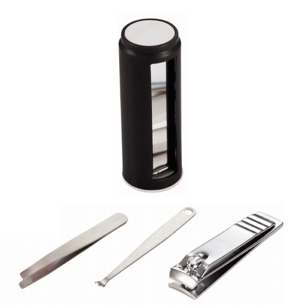 Rotating Manicure Set includes a Mirror, Tweezers and Nail Clippers