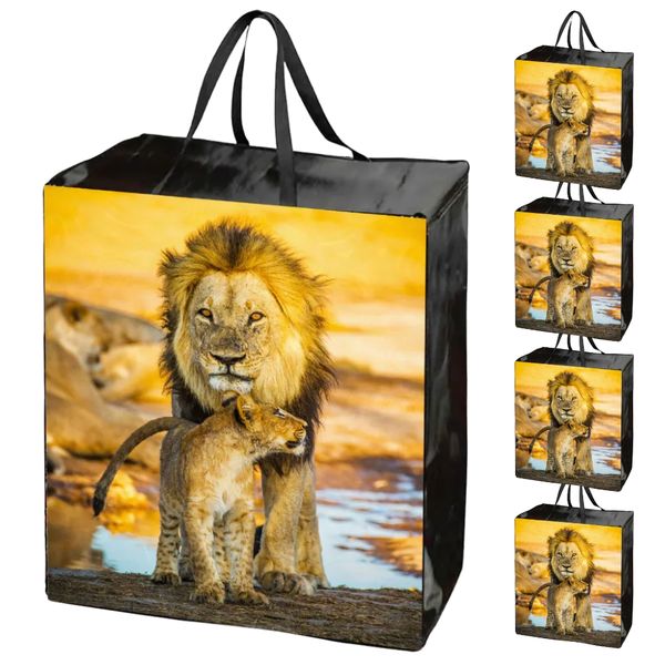 Lion Reusable Laminated Taxi Shopping Bags with Zipper - 5 Pack