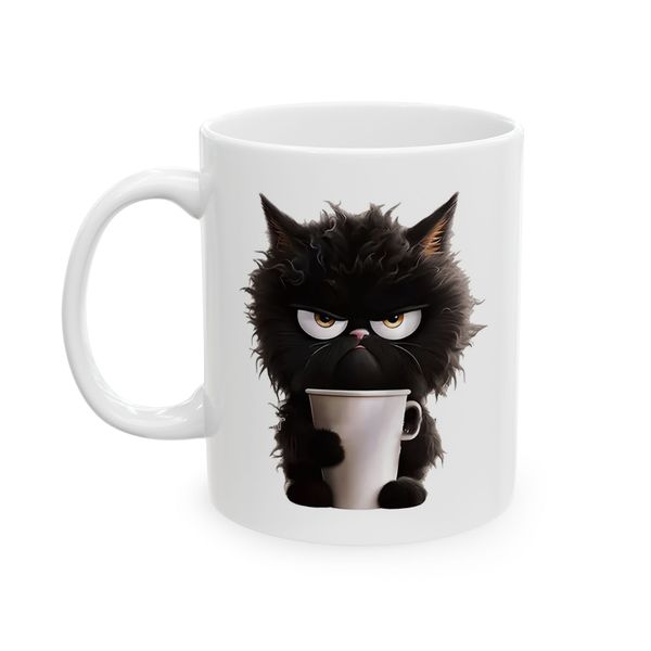 Black Cat Mug - Black Cat Holding Cup Illustration