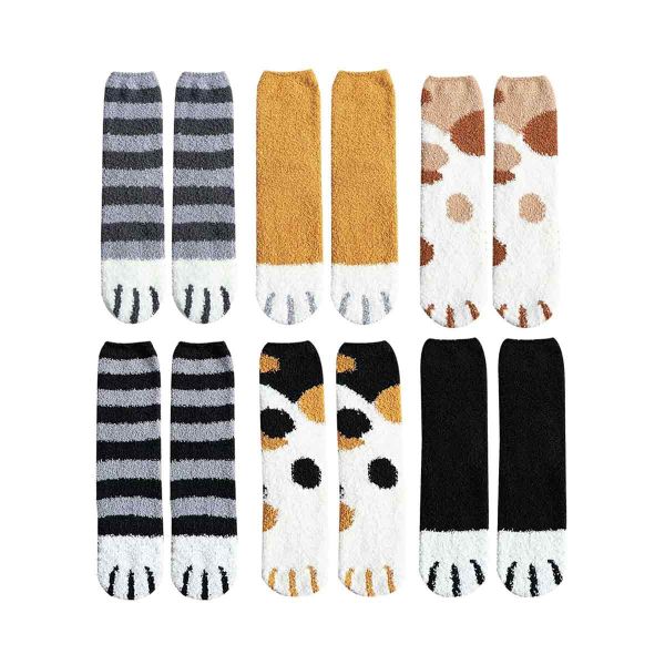 Cat Paw Socks, Thick Coral Fleece Bed Socks, Pack of 6 Pairs