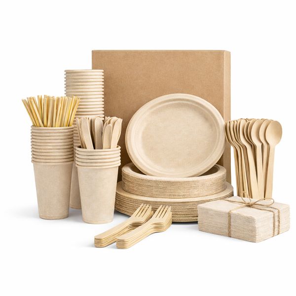 400pcs Compostable Tableware Set Eco-friendly Disposable Plates &amp; Cutlery