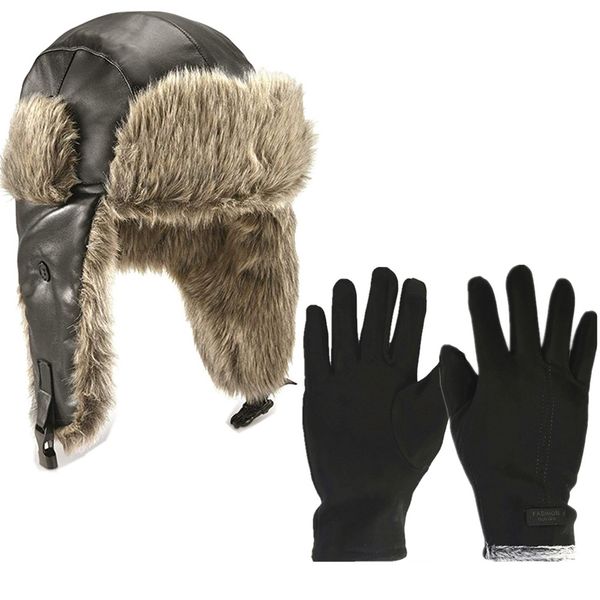 Leather Winter Hat Trapper Hat + Winter Gloves Touch Screen For Men &amp; Women