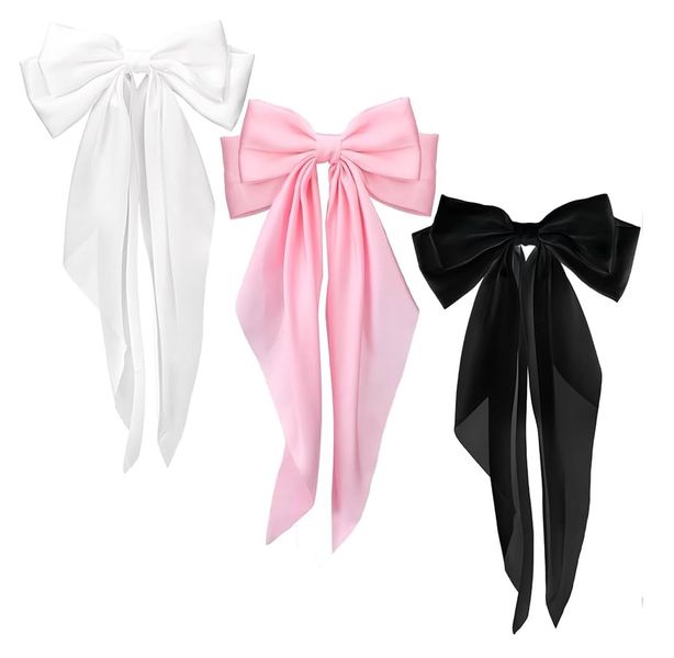 3 Piece Large Hair Bow Clips - Black, White, Pink