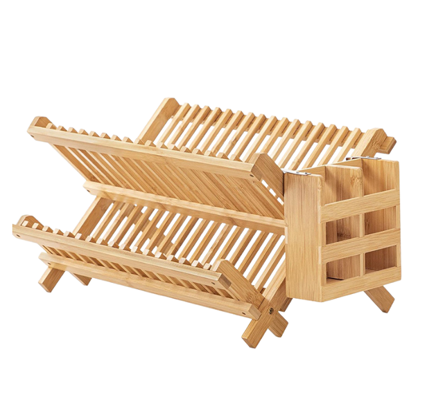 Dish Rack, Bamboo Dish Rack, 2 Tier Collapsible Folding Drainer