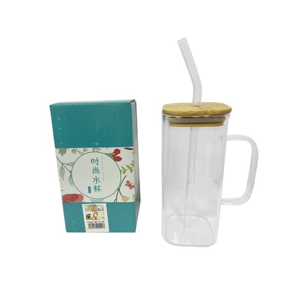 Drinking Glass Mug with Bamboo Lid And Glass Straw - 450ml