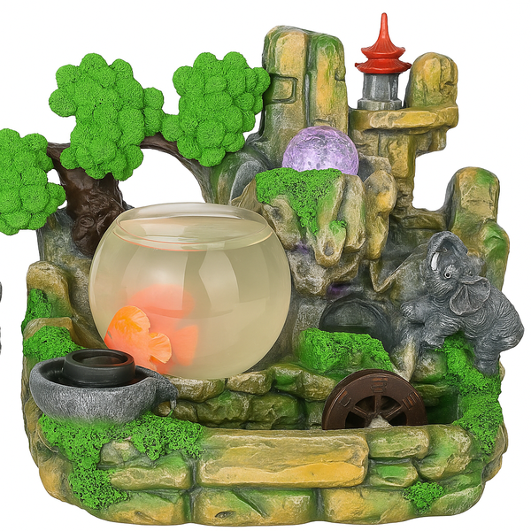 Multi-Feature LED Rock Water Fountain With Fish Bowl, Water WheelOrnament
