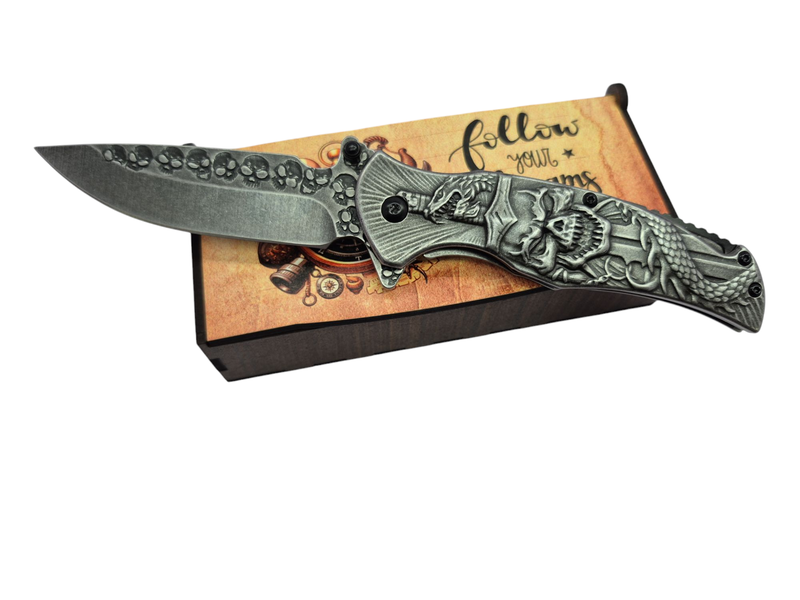 Skull on Sword Engraved Gift Pocket Knife in Gift Box