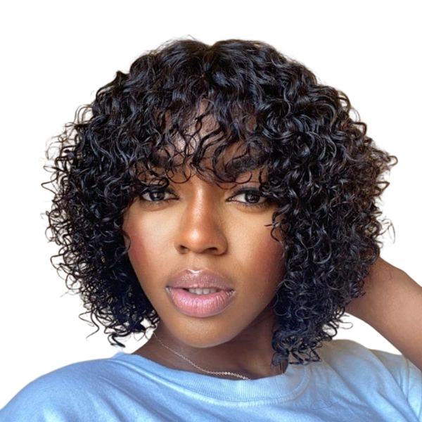 Short Curly Human Hair Wig with Bangs Water Wave Glueless Bob Wig