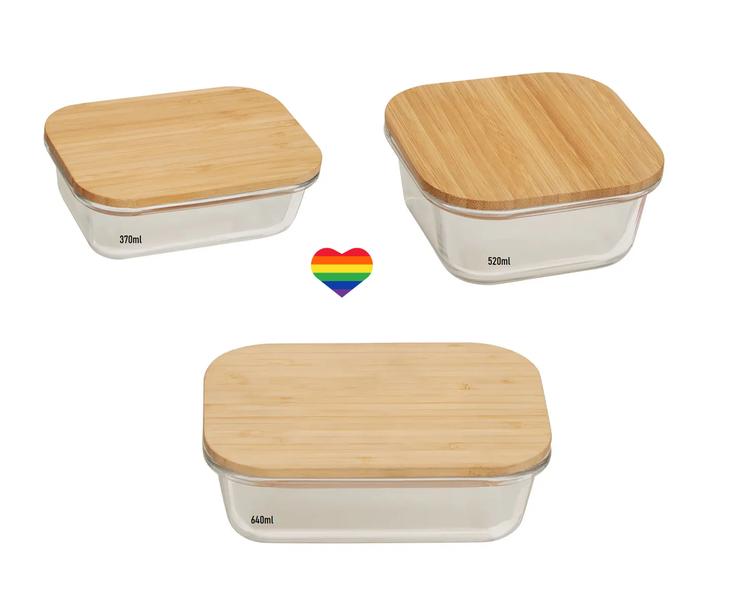 Glass Food Storage Container with Bamboo Lid &amp; Heart Sticker - Set Of 3