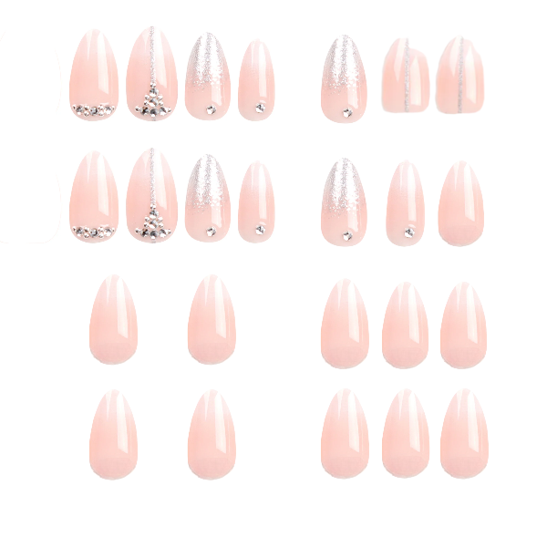 24Pcs Almond Shape Press-On Nails With Glitter &amp; Rhinestone Accents - Pink