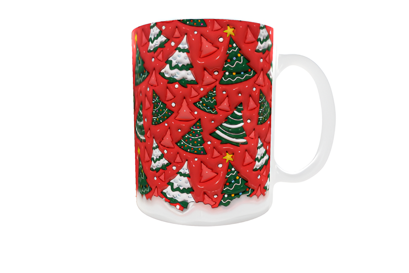 Vibrant Christmas Tree Pattern Mug 325ml - Festive 3D-Look - Red and Green