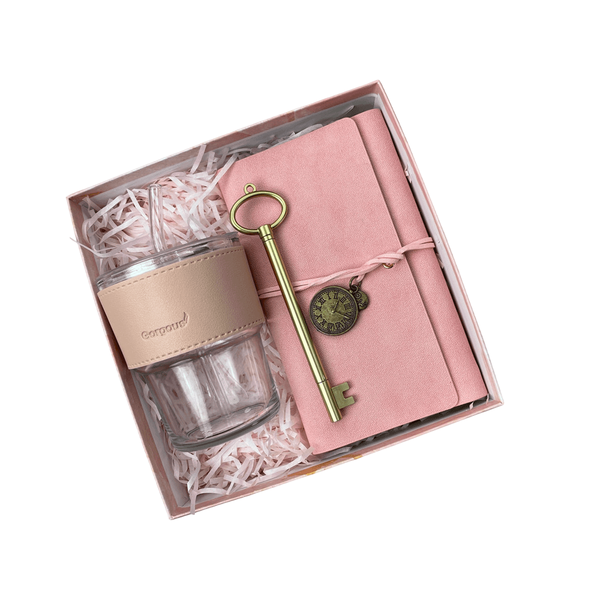 Glass Travel Tumbler, Notebook &amp; Gold Key Pen Gift Set with Gift Bag