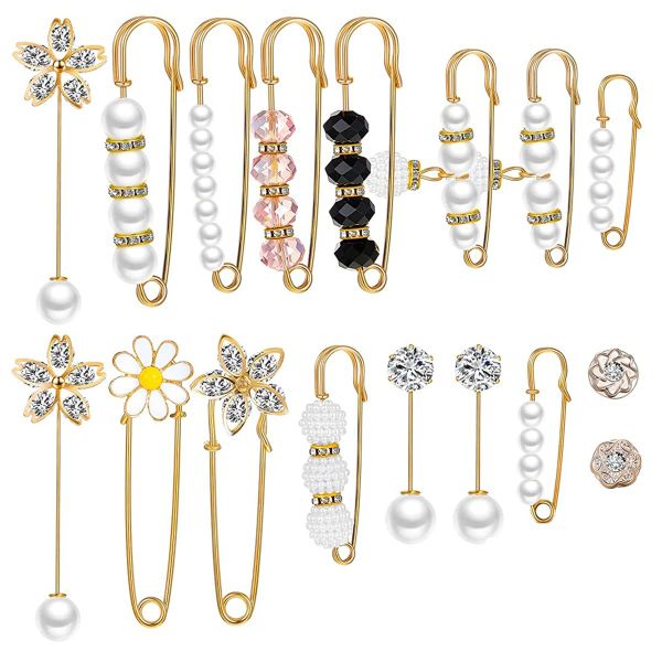 Pearl Brooches, Safety Pins quality alloy Faux Pearl Rhinestone - 17 Piece