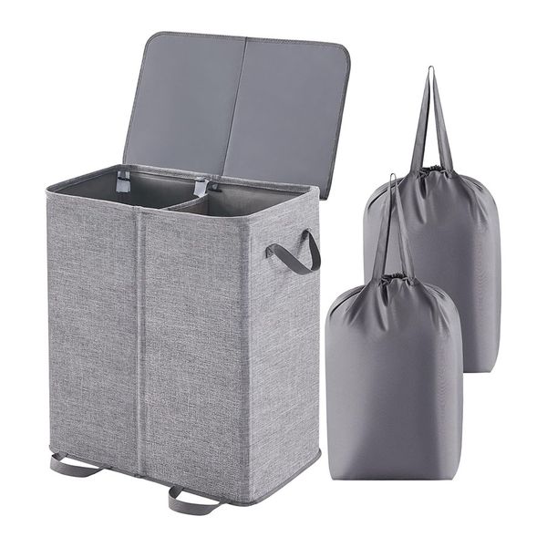 Double compartment removable laundry basket with lid and handle-50x60x 35cm