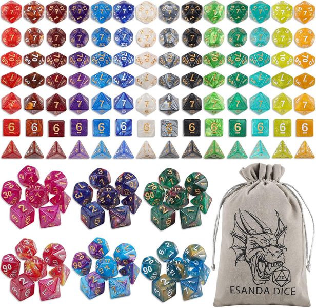 DND Polyhedral Dice Set - 20 Complete 7-Die Sets with Velvet Pouch
