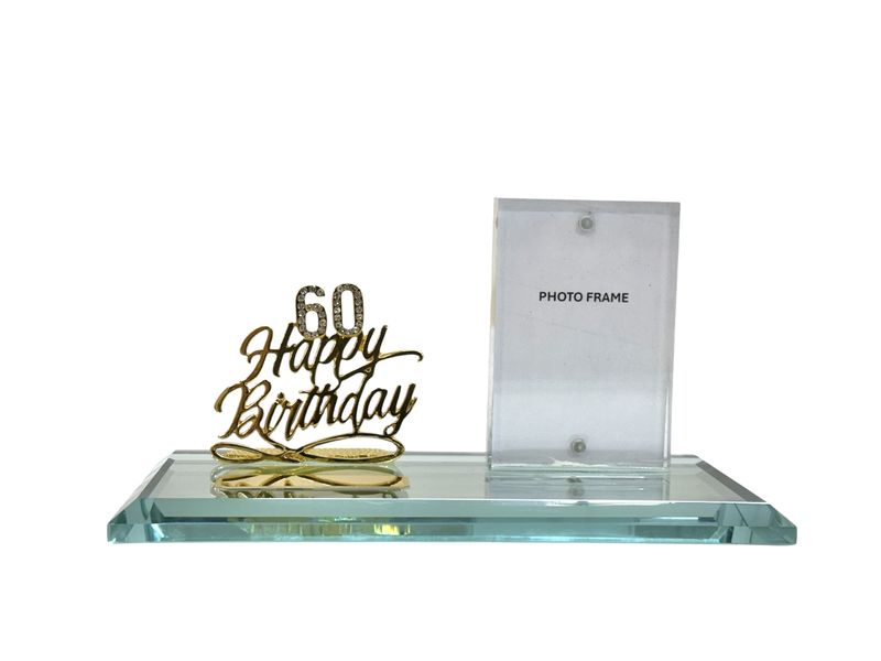 Diamante Gold 60 on Happy Birthday 60th Key On Glass Mirror Base