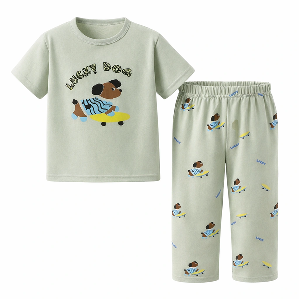 Dog Themed Kids Pajama Set - Green