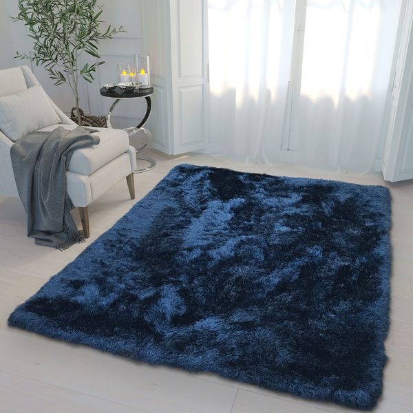 150 x 180cm Plush Two Tone Fluffy Carpet - Shaggy &amp; Foldable Rug Navy Blue