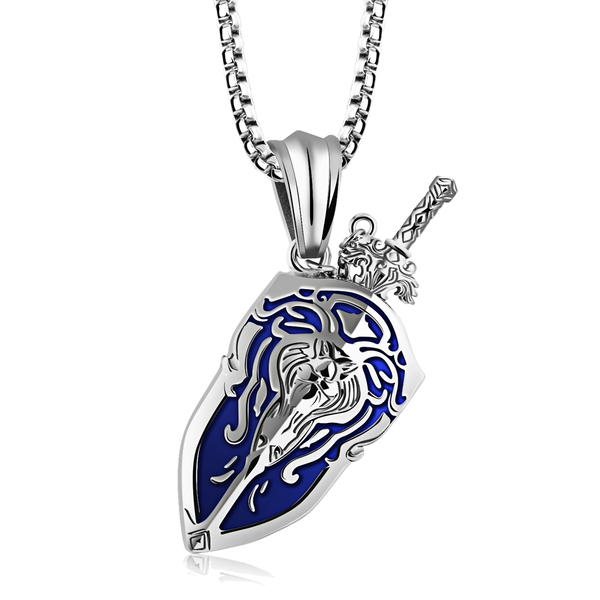 Male Silver with Blue Sword and Shield Necklace