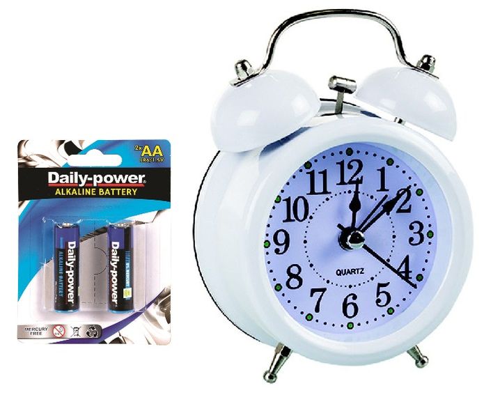 Alarm Clock White Metal Twin Bell 12cm - Batteries Included