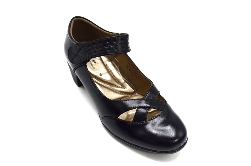 TTP Ladies Block Heel Courts Hook and Loop Strap with Cut Out Detailed Vamp - Black - Uk 4