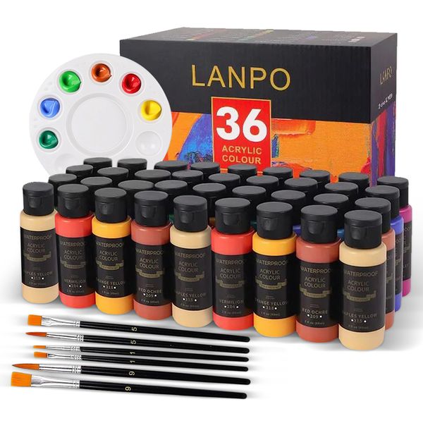 36 Colors 60ml Acrylic Paint Set with 6 Art Brushes for Kids &amp; Adults