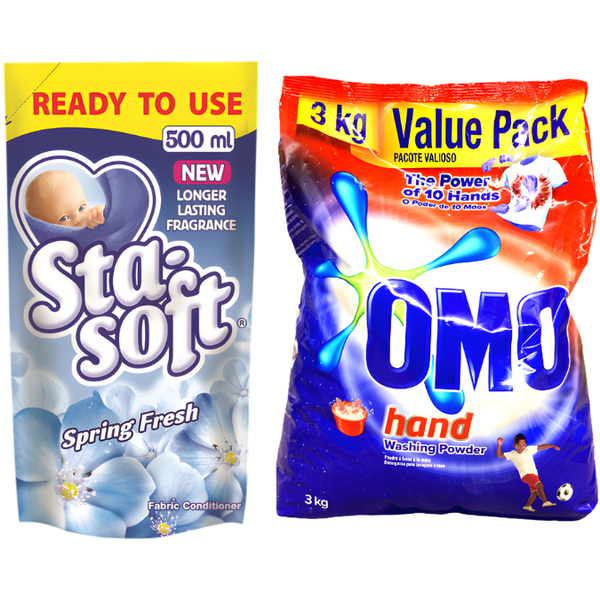 OMO Hand Washing Powder 3kg + Sta-Soft Spring Fresh 2L + OMO Bleach 750ml