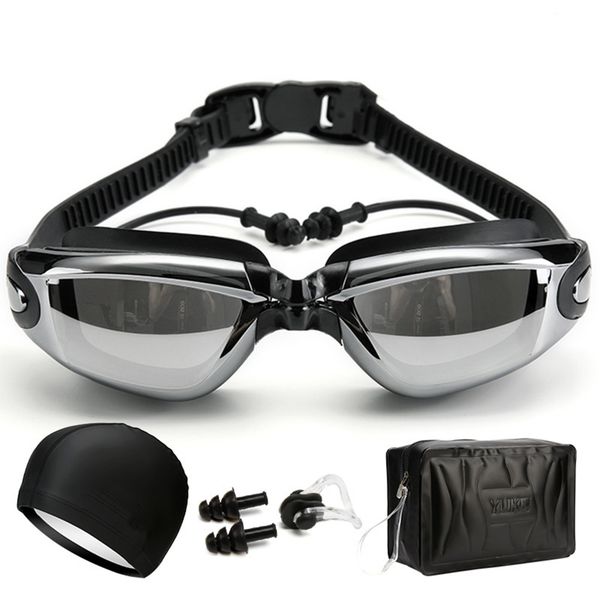 Swim Goggles Set Anti Fog Adjustable Lenses with Cap, Earplug and Nose Clip