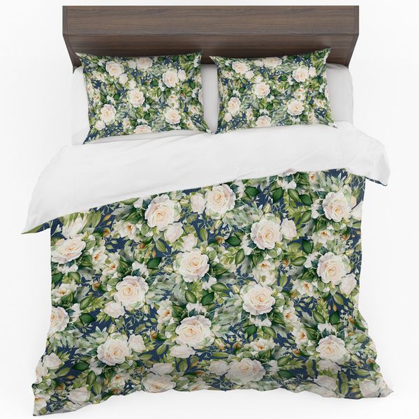 White Roses on Blue Duvet Cover Set