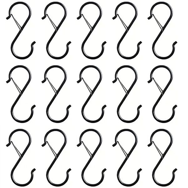 15Piece Black Heavy-Duty S-Hooks, Locking Metal Hooks for Kitchen &amp; Plants