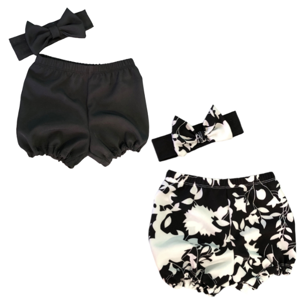 Baby Toddler Nappy Cover Bloomer/Bummie&amp;Headband - Black/Black Floral