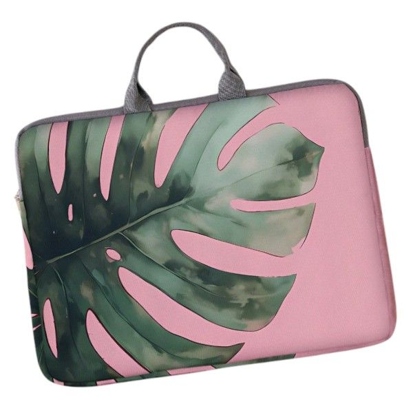15-inch Laptop Bag with Leaf Print &amp; Handle - Pink, Green
