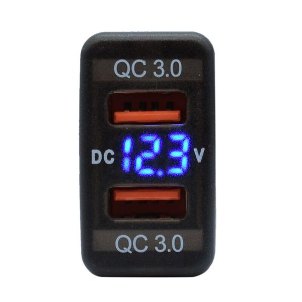 40x20mm Dual USB QC3 Charger With Volt Meter Blue for Toyota Vigo
