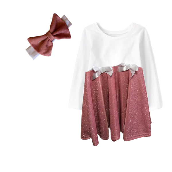 Princess Glitter Long Sleeve Dress &amp; Headband-White&amp;Dusty Pink