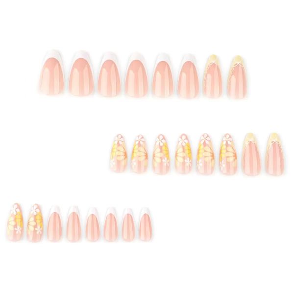 French Almond Shaped Nail Art With Pink Flowers Simple False Nails