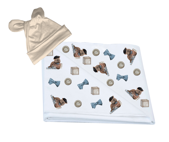Baby swaddle &amp; newborn knotted beanie-Baby boy blue Hippo