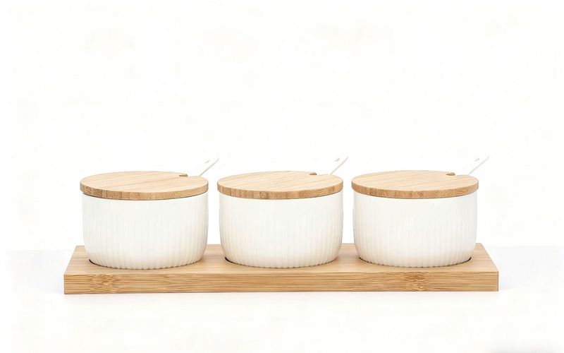Ceramic and Bamboo Seasoning Jar Set with Lids and Spoons - 3 Piece Set