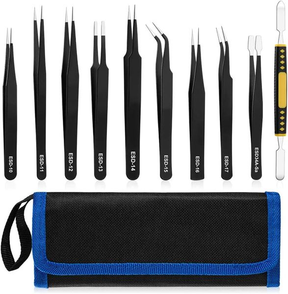 10Pcs Precision Tweezers Set, Stainless Steel ESD Anti-Static Tweezers Kit