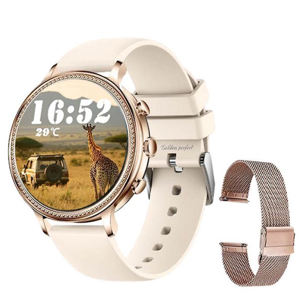 1.39-Inch Pink Smartwatch for Women with Gold Bezel and Dual-Strap Design