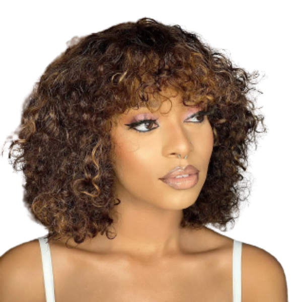 Brazilian Curly Fringe Wig, Brown Highlight Wig.