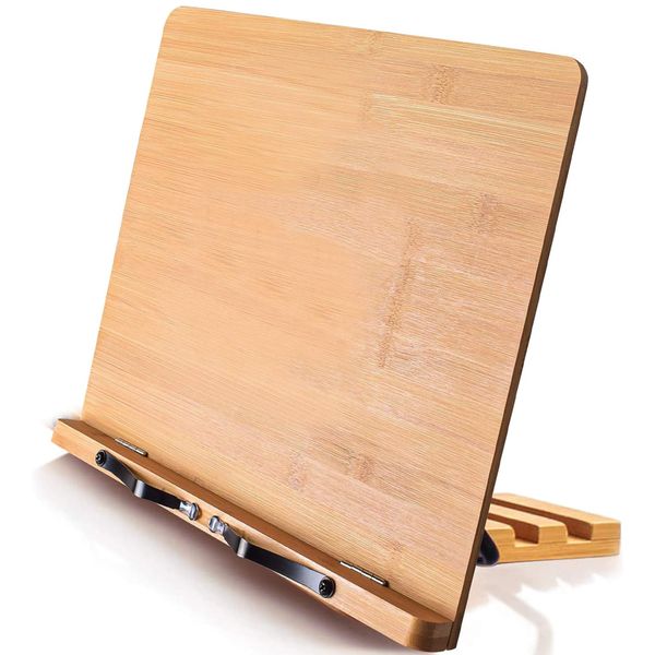Bamboo Reading Stand Adjustable Height Book Stand with Page Holder Clips