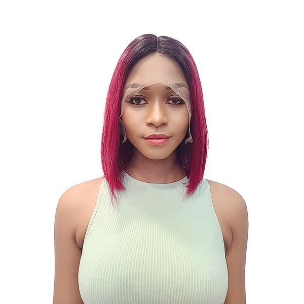 Brazilian Remy Hair Straight Frontal Lace Wig 12-Inch BOB Burgundy Maroon