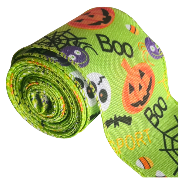 Lime Green Halloween Ribbon with Spiders &amp; "Boo" - 63mm x 3m Wired Edge