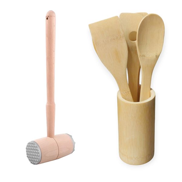 Bamboo Kitchen Set and 1 Piece Double-Sided Meat Hammer Mallet - 6 Piece