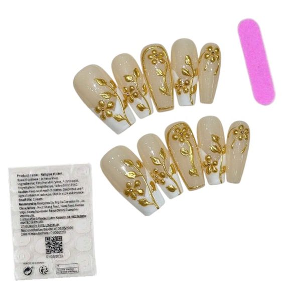 10 Piece - Elegant Gold Blossom Coffin Nails