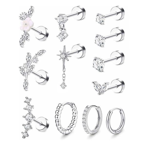 12PCS Stainless Steel Stud Tragus Piercing Jewelry Cartilage Earring Set
