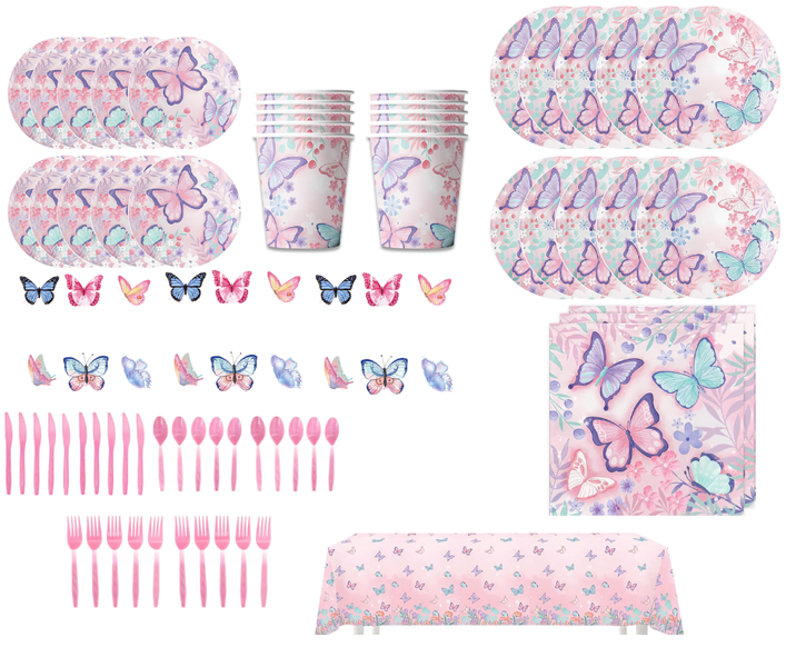 Girls Pink Butterfly Design Theme Disposable Party Tableware Decor